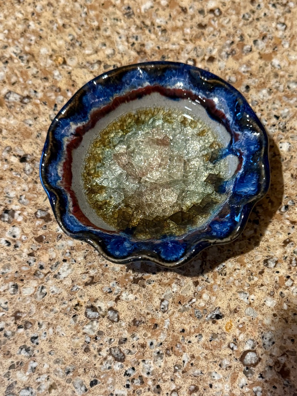 Handcrafted USA Art Pottery Geode-Style Trinket Dish – Blue Green Crackle Glaze